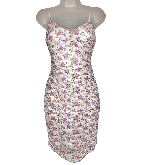 Almost Famous Dresses & Skirts - Almost Famous Sleeveless Retro Floral Print Ruched Mesh Mini Dress White Pink S